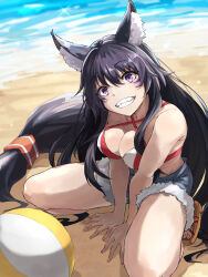 1girl animal_ear_fluff animal_ears black_hair breasts cleavage delta_(kage_no_jitsuryokusha_ni_naritakute!) hair_between_eyes highres itsudzumi kage_no_jitsuryokusha_ni_naritakute! large_breasts long_hair looking_at_viewer official_alternate_costume open_mouth purple_eyes smile solo swimsuit tagme tail wolf_ears wolf_girl wolf_tail