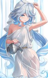 Rule 34 | 1girl, absurdres, ahoge, alternate costume, blue eyes, blue hair, blue nails, blush, collarbone, cowboy shot, dress, fingernails, furina (genshin impact), genshin impact, hair between eyes, hamstarhand, heterochromia, highres, holding, light blue hair, long hair, looking at viewer, multicolored hair, nail polish, parted lips, revision, see-through, sidelocks, smile, solo, standing, streaked hair, thighs, two-tone hair, veil, wading, water