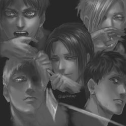 Rule 34 | 2girls, 3boys, angry, annie leonhart, bertolt hoover, biting, biting hand, black hair, blonde hair, brown hair, closed mouth, dagger, eren yeager, freckles, greyscale, highres, jewelry, knife, looking at viewer, medium hair, monochrome, multiple boys, multiple girls, open mouth, ponytail, reiner braun, ring, scared, serious, shaded face, shingeki no kyojin, short hair, smile, spiked ring, sword, trait connection, vvv020vvv, weapon, ymir (shingeki no kyojin)