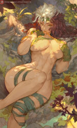 Rule 34 | 1girl, abs, bottomless, breasts, brown hair, cutesexyrobutts, fingerless gloves, gloves, green eyes, green gloves, green headband, headband, highres, large breasts, leaf, long hair, looking at viewer, lying, marvel, multicolored hair, navel, on back, rogue (x-men), solo, thighs, torn clothes, two-tone hair, underboob, white hair, x-men