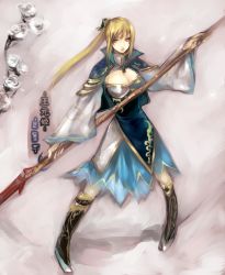 Rule 34 | 1girl, bad id, bad pixiv id, blonde hair, boots, breasts, cleavage, cleavage cutout, clothing cutout, dress, eyeshadow, flower, hair ornament, highres, jewelry, large breasts, makeup, necklace, polearm, ponytail, rose, seto (sepcloud), shin sangoku musou, solo, wang yuanji, weapon, white flower, white rose, yellow eyes