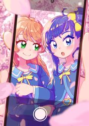 Rule 34 | 2girls, :o, ahoge, arm grab, blue eyes, blue hair, blue jacket, blue skirt, blurry, blurry foreground, bow, cellphone, cherry blossoms, chinese commentary, closed mouth, commentary request, cut bangs, day, depth of field, green eyes, hair bow, highres, hirogaru sky! precure, holding, holding phone, jacket, long sleeves, moyuyu, multiple girls, neck ribbon, nijigaoka mashiro, open mouth, outdoors, petals, phone, fake phone screenshot, pink hair, pov, precure, ribbon, school uniform, selfie, side ponytail, single sidelock, skirt, smartphone, smile, sora harewataru, sorashido academy school uniform, tree, yellow bow, yellow ribbon