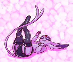 Rule 34 | :3, black panties, black thighhighs, blush, closed mouth, clothed pokemon, commentary, creature, creatures (company), english commentary, espeon, flufflixx, full body, game freak, gen 2 pokemon, happy, heart, heart background, looking up, lying, nintendo, no humans, on back, panties, pokemon, pokemon (creature), purple background, purple eyes, purple theme, shadow, solo, thighhighs, underwear