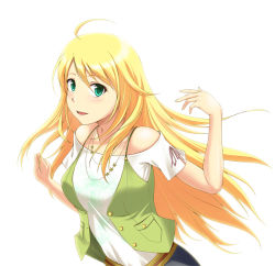 Rule 34 | 10s, 1girl, :d, ahoge, bare shoulders, blonde hair, blush, casual, collarbone, female focus, green eyes, green vest, hoshii miki, idolmaster, idolmaster (classic), idolmaster 2, jewelry, long hair, looking at viewer, necklace, nishi (count2.4), off-shoulder shirt, off shoulder, open clothes, open mouth, open vest, pink ribbon, ribbon, shirt, short sleeves, simple background, smile, solo, star (symbol), tareme, very long hair, vest, white background, white shirt
