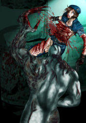Rule 34 | 1girl, artist request, black gloves, blood, blood from mouth, blood splatter, blue eyes, breast mutilation, breast torture, breasts, brown hair, claws, clenched teeth, cut arm, cut leg, dying, female focus, gloves, gun, guro, hat, injury, jill valentine, monster, muscular, nipples, resident evil, short hair, stab, sweat, teeth, torn clothes, tyrant, uniform, veins, weapon, zombie