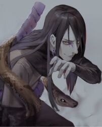 Rule 34 | 1boy, animal, animal on arm, black hair, black sclera, closed mouth, colored sclera, earrings, evina ic, eyeliner, facial mark, from side, grey background, hair over one eye, hand up, highres, jewelry, layered sleeves, leaning forward, long hair, long sleeves, looking at viewer, makeup, male focus, naruto, naruto (series), orochimaru (naruto), pale skin, short over long sleeves, short sleeves, sideways glance, simple background, smile, smirk, snake, upper body, yellow eyes