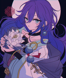 Rule 34 | 1boy, androgynous, aqua eyes, ayase mayoi, bishounen, black background, earrings, ensemble stars!, flower, hair down, highres, japanese clothes, jewelry, long hair, male focus, mole, mole under mouth, multicolored background, parted lips, purple hair, solo, strn otk, white background, white flower