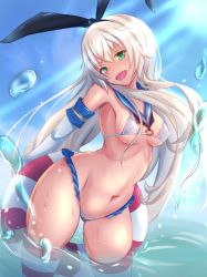 Rule 34 | 1girl, :d, arms behind back, bikini, black hairband, blue sky, breasts, buoy, cleavage, covered erect nipples, elbow gloves, female focus, gloves, green eyes, groin, hairband, highres, holding, holding swim ring, innertube, kantai collection, lifebuoy, light rays, long hair, looking at viewer, medium breasts, micro bikini, navel, o-ring, o-ring bikini, omnc-eng, open mouth, outdoors, panties, partially submerged, red legwear, shimakaze (kancolle), sky, smile, solo, standing, striped clothes, striped panties, swim ring, swimsuit, underwear, wet, white bikini, white gloves, white hair, white legwear