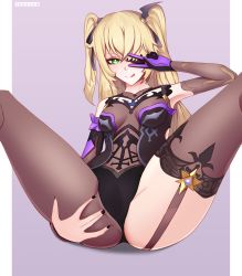 Rule 34 | 1girl, absurdres, artist name, bare shoulders, black gloves, black nails, blonde hair, closed mouth, eyepatch, fingernails, fischl (genshin impact), frills, garter straps, genshin impact, gloves, green eyes, highres, long hair, multicolored clothes, multicolored gloves, nail polish, pantyhose, purple background, purple gloves, purple ribbon, ribbon, simple background, single leg pantyhose, single thighhigh, solo, spread legs, the atko, thighhighs, tongue, tongue out, twintails, two-tone gloves, v, v over eye