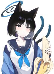 Rule 34 | 1girl, animal ears, banana, black eyes, black hair, black nails, black sailor collar, blue archive, blue halo, blue neckerchief, blush, cat ears, cat tail, closed mouth, fingernails, food, fruit, halo, haori, highres, japanese clothes, kikyou (blue archive), multiple tails, murase48, nail polish, neckerchief, revision, sailor collar, sexually suggestive, short hair, simple background, solo, tail, two tails, white background