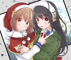 Rule 34 | 2girls, black hair, blush, box, brown eyes, brown hair, capelet, christmas, christmas ornaments, commission, gift, gift box, green sweater, hairband, hat, hatsushimo (kancolle), holding, holding gift, kantai collection, kobayashi kabura, long hair, long sleeves, looking at viewer, multiple girls, parted lips, pom pom (clothes), red capelet, santa hat, short hair, skeb commission, star (symbol), sweater, twitter username, upper body, yukikaze (kancolle)