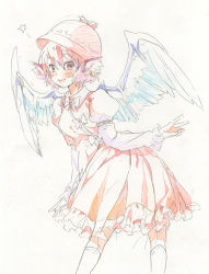 Rule 34 | 1girl, animal ears, bad id, bad pixiv id, blush, colored pencil (medium), dress, earrings, female focus, graphite (medium), hat, jewelry, mystia lorelei, open mouth, pink hair, red eyes, short hair, smile, solo, star (symbol), touhou, traditional media, ume (plumblossom), v, wings