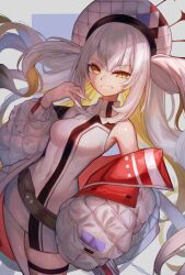 Rule 34 | 1girl, bare shoulders, breasts, dress, fate/grand order, fate (series), gradient hair, grey hair, grin, hat, highres, jacket, long hair, long sleeves, looking at viewer, m0 chi, marie antoinette (alter) (fate), marie antoinette (alter) (first ascension) (fate), marie antoinette (fate), medium breasts, multicolored hair, off shoulder, open clothes, open jacket, short dress, sidelocks, single thighhigh, smile, solo, thighhighs, two side up, white dress, white hair, white hat, white jacket, yellow eyes
