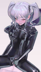 Rule 34 | 1girl, 1other, absurdres, ambiguous gender, blush, bodysuit, breasts, collar, crotch zipper, drooling, fang, fingering, green eyes, grey hair, groping, half-closed eyes, heterochromia, highres, juliet sleeves, latex, latex bodysuit, long sleeves, metal collar, neon (saaal653), original, pink eyes, puffy sleeves, pussy juice, saaal653, shiny clothes, shrug (clothing), sitting, skin fang, skin tight, small breasts, tongue, tongue out, twintails, zipper