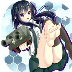 Rule 34 | 10s, 1girl, asashio (kancolle), barefoot, black hair, blue eyes, feet, gradient background, hexagon, highres, honeycomb (pattern), honeycomb background, honeycomb pattern, kantai collection, long hair, looking at viewer, nekomitsuki, open mouth, school uniform, single thighhigh, skirt, soles, solo, star (symbol), suspenders, thighhighs, toes