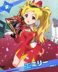 Rule 34 | 10s, 1girl, barefoot, blonde hair, blush, boots, unworn boots, character name, drum, emily stewart, emily stuart, idolmaster, idolmaster million live!, instrument, knee boots, kneeling, long hair, looking at viewer, music, official art, petals, playing instrument, purple eyes, shoes, unworn shoes, solo, star (symbol), twintails, uniform, white footwear