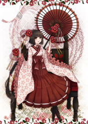 Rule 34 | 1girl, akatuki taku, bad id, bad pixiv id, bench, black hair, blush, bow, brown eyes, choker, cross-laced footwear, dress, flower, hair bow, hair flower, hair ornament, hime cut, japanese clothes, long sleeves, looking at viewer, oil-paper umbrella, open mouth, original, red upholstery, rose, shoes, short hair, sitting, smile, solo, umbrella, wide sleeves