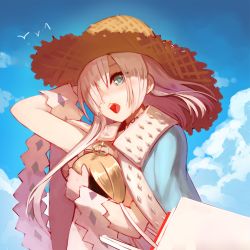 Rule 34 | 1girl, alternate hair length, alternate hairstyle, anastasia (fate), animal, arm behind head, arm up, bag, bird, blue cloak, blue eyes, blue sky, brown hat, cloak, cloud, commentary request, crown, day, fate/grand order, fate (series), hair over one eye, hat, highres, light brown hair, long hair, mini crown, outdoors, paper bag, shopping bag, silver hair, sky, solo, straw hat, sue (bg-bros), tilted headwear