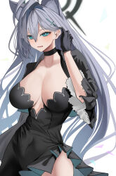 Rule 34 | 1girl, adjusting hair, ahoge, animal ear fluff, animal ears, black choker, black dress, black gloves, blue archive, blue eyes, breasts, broken halo, choker, cleavage, collarbone, commentary request, dress, extra ears, gloves, grey hair, hair between eyes, halo, highres, large breasts, long hair, long sleeves, looking at viewer, mismatched pubic hair, parted lips, san (harutuki 3), shiroko (blue archive), shiroko terror (blue archive), side slit, sidelocks, simple background, solo, thighlet, white background, wide sleeves, wolf ears, wolf girl