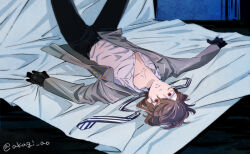 Rule 34 | 1boy, akechi gorou, aoki gare, bed sheet, belt, black belt, black gloves, black pants, brown hair, collared shirt, commentary request, feet out of frame, gloves, grey jacket, hair between eyes, jacket, legs up, long sleeves, looking at viewer, lying, male focus, necktie, on back, outstretched arms, pants, parted lips, partially unbuttoned, persona, persona 5, red eyes, shirt, short hair, solo, spread arms, twitter username, unworn necktie, upside-down, white shirt