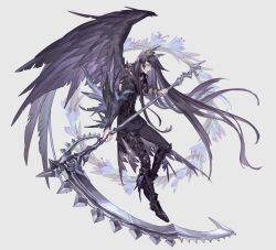 Rule 34 | 1boy, absurdly long hair, artist name, bandaged neck, bandages, belt, bishounen, black hair, black wings, blue eyes, blue flower, boots, circle, coattails, commentary request, expressionless, feather trim, feathered wings, floating hair, flower, flying, full body, granblue fantasy, grey background, hair ornament, hair over one eye, head wings, highres, holding, holding scythe, knee boots, knees up, light frown, long hair, looking ahead, male focus, messy hair, pota (bluegutty), profile, sariel (granblue fantasy), scythe, signature, single wing, solo focus, thigh strap, twitter username, very long hair, whip, wings