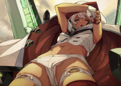 Rule 34 | 1girl, armpits, blush, breasts, dark-skinned female, dark skin, fingerless gloves, fu-ta, gloves, guilty gear, guilty gear strive, half-closed eyes, hat, highres, looking at viewer, midriff, navel, open mouth, panties, ramlethal valentine, shorts, skindentation, solo, teeth, thigh strap, underwear, upshorts, white gloves, white hair, white panties