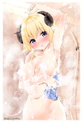 Rule 34 | 1girl, ahoge, arm under breasts, armpits, blonde hair, blush, breasts, convenient censoring, ex idol, groin, highres, holding, holding towel, hololive, horns, indoors, large breasts, looking at viewer, navel, nude, parted lips, purple eyes, sheep horns, shower head, soap bubbles, soap censor, solo, stomach, towel, tsunomaki watame, upper body, virtual youtuber, wet