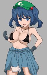Rule 34 | 1girl, :d, absurdres, blue eyes, blue hair, blue skirt, blunt bangs, breasts, cabbie hat, cleavage, clothes around waist, commentary request, cowboy shot, gloves, green hat, grey background, hair bobbles, hair ornament, hand on own hip, hand up, hat, highres, kawashiro nitori, key, large breasts, legs apart, light blush, looking at viewer, medium hair, navel, open mouth, shirt, shirt around waist, simple background, skirt, smile, solo, standing, swept bangs, teeth, touhou, two side up, upper teeth only, zawapirori