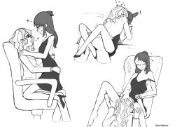 Rule 34 | !, 2girls, alternate costume, blush, chair, clothed sex, couple, cunnilingus, diana cavendish, dress, egnarregnar, english text, formal, glasses, hand on another&#039;s ass, hand on another&#039;s back, hand on another&#039;s shoulder, hand on another&#039;s thigh, hands on thighs, happy sex, heart, high heels, implied cunnilingus, kagari atsuko, kiss, leg lift, leg lock, little witch academia, long hair, looking at another, monochrome, multiple girls, office chair, oral, sitting, sitting on person, spoken heart, suit, sweat, swivel chair, wavy hair, yuri