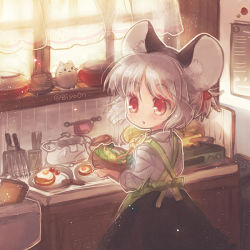 Rule 34 | 1girl, alternate hairstyle, animal ear fluff, animal ears, apron, bad id, bad pixiv id, biyon, black skirt, bowl, cooking, curtains, egg (food), food, green apron, grey hair, holding, indoors, kitchen, looking back, mouse (animal), mouse ears, nazrin, plate, red eyes, salad, shirt, short hair, short ponytail, skirt, solo, sunny side up egg, touhou, twitter username, upper body, white shirt, window