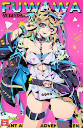 Rule 34 | !, 1girl, absurdres, animal collar, animal ear fluff, animal ears, belt, belt buckle, black belt, black collar, black jacket, blonde hair, blue hairband, blue nails, breasts, buckle, chain, character name, cleavage cutout, clothing cutout, collar, collarbone, defaultz, dog ears, dog girl, dog tail, dress, fur-trimmed jacket, fur trim, fuwawa abyssgard, fuwawa abyssgard (1st costume), hair ornament, hairband, heart, heart print, highres, hololive, hololive english, jacket, medium breasts, multicolored nails, off shoulder, orange nails, paw print, people&#039;s republic of china flag, pink background, pink eyes, pink nails, pooh, shadow, short dress, sign, single fishnet legwear, single thighhigh, sleeveless, sleeveless dress, solo, spiked hairband, spikes, stomach cutout, strapless, strapless dress, tail, thigh belt, thigh strap, thighhighs, tongue, virtual youtuber, warning sign, white dress, winnie the pooh, yellow nails, yellow tail, zipper