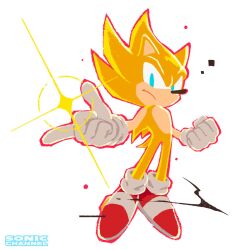 Rule 34 | 1boy, animal ears, blue eyes, gloves, glowing, hedgehog ears, highres, official art, red footwear, serious, simple background, solo, sonic (series), sonic frontiers, sonic the hedgehog, sonicofficialjp, super sonic, super sonic 2, uno yuuji, white background, white gloves, yellow fur