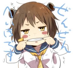 Rule 34 | 10s, 1girl, bad id, bad pixiv id, blush stickers, brown hair, clenched teeth, hair ornament, kantai collection, mouth pull, sound effects, open mouth, personification, school uniform, serafuku, short hair, solo, tearing up, teeth, translation request, trembling, white background, yellow eyes, yukichi (eikichi), yukikaze (kancolle)