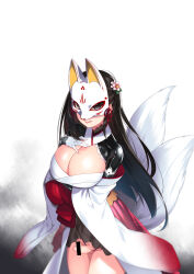 Rule 34 | 1futa, absurdres, alex (mollyyo), bar censor, black hair, breasts, censored, cleavage, commentary, commission, corruption, dark persona, detached sleeves, english commentary, flower, fox mask, fox tail, futanari, genderswap, genderswap (mtf), hair flower, hair ornament, hiememiko, highres, japanese clothes, large breasts, latex, licking lips, long hair, looking at viewer, mask, miko, mind control, multiple tails, nontraditional miko, original, penis, red lips, second-party source, shrug (clothing), simple background, solo, tail, testicles, tongue, tongue out, torn clothes, two tails, white background