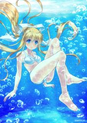 Rule 34 | 1girl, air (visual novel), bikini, blonde hair, blue eyes, bow, breasts, bubble, cleavage, closed mouth, commentary request, full body, hair bow, highres, kamio misuzu, long hair, looking at viewer, medium breasts, sato-pon, sidelocks, smile, solo, swimsuit, twitter username, underwater, white bikini, white bow