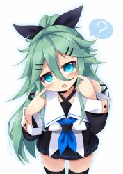 Rule 34 | 10s, 1girl, :o, ?, blush, bow, commentary request, cowboy shot, green eyes, green hair, hair between eyes, hair bow, hair ornament, hairclip, kantai collection, leaning forward, long hair, peta (taleslove596), pleated skirt, simple background, skirt, solo, speech bubble, spoken question mark, thighhighs, white background, yamakaze (kancolle), zettai ryouiki