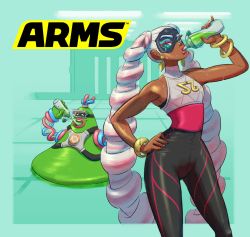 Rule 34 | 1boy, 1girl, @ @, aqua background, arms (game), bracelet, colored eyelashes, dark skin, dna man (arms), domino mask, drill hair, drinking, earrings, eyelashes, goggles, green eyes, hand on own hip, highres, jewelry, logo, long hair, mask, monster boy, multicolored hair, nail polish, nintendo, official art, open mouth, simple background, slime boy, standing, sweat, twintelle (arms), two-tone hair, very long hair, yamamoto yuu