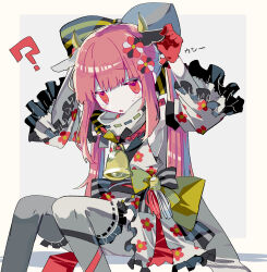 Rule 34 | 1girl, ?, absurdres, animal ears, bell, bow, chinese zodiac, colored skin, cowbell, detached sleeves, dress, fake animal ears, flat chest, floral print, frilled dress, frilled sleeves, frilled thighhighs, frills, hair bow, highres, long hair, mellow sugar, open mouth, original, pink eyes, pink hair, ribbon-trimmed thighhighs, ribbon trim, sitting, sleeveless, sleeveless dress, solo, thighhighs, translation request, usagi nui, white dress, white skin, white sleeves, white thighhighs, year of the ox