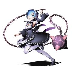 Rule 34 | 10s, 1girl, armpits, blue eyes, blue hair, breasts, chain, cleavage, detached sleeves, divine gate, dress, frilled dress, frills, full body, hair over one eye, hair ribbon, holding, holding weapon, leg up, looking at viewer, maid, official art, pantyhose, pink ribbon, re:zero kara hajimeru isekai seikatsu, rem (re:zero), ribbon, shadow, short hair, small breasts, solo, transparent background, ucmm, weapon, white pantyhose
