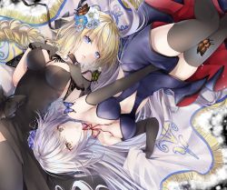 Rule 34 | 2girls, akatsuki hijiri, armor, black dress, blonde hair, blue eyes, blush, braid, breast suppress, breasts, bug, butterfly, choker, cleavage, covering privates, covering crotch, dress, fate/apocrypha, fate/grand order, fate (series), flower, hair flower, hair ornament, highres, insect, jeanne d&#039;arc (fate), jeanne d&#039;arc (formal dress) (fate), jeanne d&#039;arc (ruler) (fate), jeanne d&#039;arc alter (avenger) (fate), jeanne d&#039;arc alter (avenger) (third ascension) (fate), jeanne d&#039;arc alter (fate), large breasts, long hair, looking at viewer, lying, medium breasts, multiple girls, on back, purple dress, purple eyes, silver hair, single braid, smile, tsurime, very long hair, yellow eyes