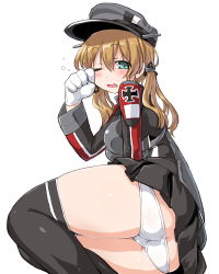 Rule 34 | 10s, 1girl, anchor hair ornament, ass, black thighhighs, blonde hair, blush, butt crack, cross, dd (ijigendd), gloves, hair ornament, hat, iron cross, kantai collection, long hair, long sleeves, looking at viewer, military, military uniform, one eye closed, open mouth, panties, peaked cap, prinz eugen (kancolle), rubbing eyes, simple background, sitting, skirt, sleepy, solo, thighhighs, twintails, underwear, uniform, white gloves, white panties