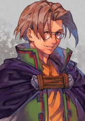 Rule 34 | 1boy, black cape, blue eyes, brown hair, cape, glasses, green jacket, grey background, grin, high collar, hungry clicker, jacket, lezard valeth, looking at viewer, male focus, orange shirt, shirt, short hair, smile, solo, upper body, valkyrie profile (series)