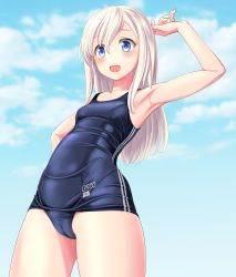 Rule 34 | 1girl, absurdres, alternate skin color, blonde hair, blue eyes, blue one-piece swimsuit, blue sky, breasts, cameltoe, cloud, cowboy shot, day, from below, highres, kantai collection, long hair, old school swimsuit, one-piece swimsuit, outdoors, ro-500 (kancolle), school swimsuit, sky, small breasts, solo, standing, swimsuit, takafumi