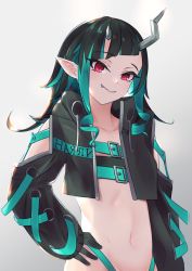 Rule 34 | 1girl, nanashi inc., absurdres, belt, belt bra, black gloves, black hair, black jacket, blue belt, blue hair, blue panties, blush, chest belt, closed mouth, clothing cutout, commentary request, cropped jacket, cross-laced clothes, cross-laced sleeves, demon girl, demon horns, fang, fang out, flat chest, gloves, hand on own hip, highleg, highleg panties, highres, horns, jacket, long hair, long sleeves, looking at viewer, midriff, multicolored hair, navel, oh1ya, open clothes, open jacket, panties, pointy ears, red eyes, shishio chris, shoulder cutout, smile, solo, sugar lyric, two-tone hair, underwear, upper body, virtual youtuber
