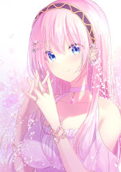 Rule 34 | 1girl, bare shoulders, blue eyes, bracelet, breasts, commentary, dress, earrings, falling petals, flower, glint, hair ornament, hairclip, highres, interlocked fingers, jewelry, large breasts, long hair, looking at viewer, megurine luka, petals, pink hair, ring, shiohari kanna, smile, solo, vocaloid