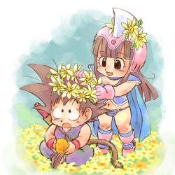 Rule 34 | 1boy, 1girl, :d, :o, armor, bikini, bikini armor, black eyes, black hair, boots, cape, chi-chi (dragon ball), dougi, dragon ball, dragon ball (classic), dragon ball (object), flower, full body, gloves, happy, head wreath, helmet, long hair, looking at another, looking up, lowres, navel, ruyi jingu bang, open mouth, short hair, sitting, sleeveless, smile, son goku, spiked hair, standing, stargeyser, surprised, swimsuit, tail, wristband, yellow flower