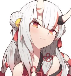 Rule 34 | 1girl, bell, bow, double bun, gradient hair, hair bell, hair bun, hair ornament, hololive, horn ornament, horn ribbon, horns, japanese clothes, kimono, long hair, looking at viewer, multicolored hair, nakiri ayame, nakiri ayame (1st costume), off shoulder, red bow, red eyes, red hair, ribbon, silver hair, skin-covered horns, smile, smug, solo, streaked hair, tassel, two-tone hair, two side up, vinsycal, virtual youtuber, white background