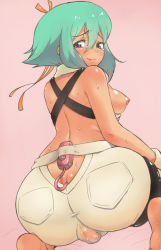 Rule 34 | 10s, 1girl, aquarion (series), aquarion evol, ass, ass cutout, bad id, bad pixiv id, barefoot, blush, breasts, butt crack, clothing cutout, fat mons, from behind, green hair, hair ribbon, huge ass, lips, looking back, momogesomaru, nipples, puffy nipples, purple eyes, ribbon, see-through, sex toy, shorts, simple background, smile, solo, sweat, tan, tears, vibrator, vibrator under clothes, zessica wong