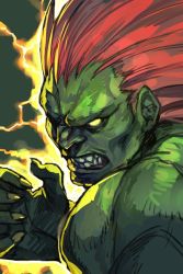 Rule 34 | 1boy, angry, blanka, capcom, clenched teeth, colored skin, electricity, fingernails, green skin, hair slicked back, hand up, hungry clicker, long hair, looking at viewer, male focus, muscular, red hair, solo, sparks, street fighter, teeth, upper body, yellow eyes
