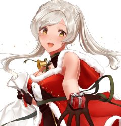Rule 34 | 1girl, alternate costume, asymmetrical bangs, bad id, bad twitter id, bell, black gloves, blush, bow, box, braid, breasts, christmas, cleavage, crown braid, fire emblem, fire emblem awakening, fur trim, gift, gift bag, gift box, gloves, highres, hood, looking at viewer, medium breasts, medium hair, niko (aiai03012), nintendo, open mouth, outstretched hand, palms, parted bangs, ribbon, robe, robin (female) (fire emblem), robin (fire emblem), santa costume, silver hair, simple background, sleeveless, smile, solo, star (symbol), swept bangs, teeth, twintails, upper teeth only, waist bow, white background, yellow eyes